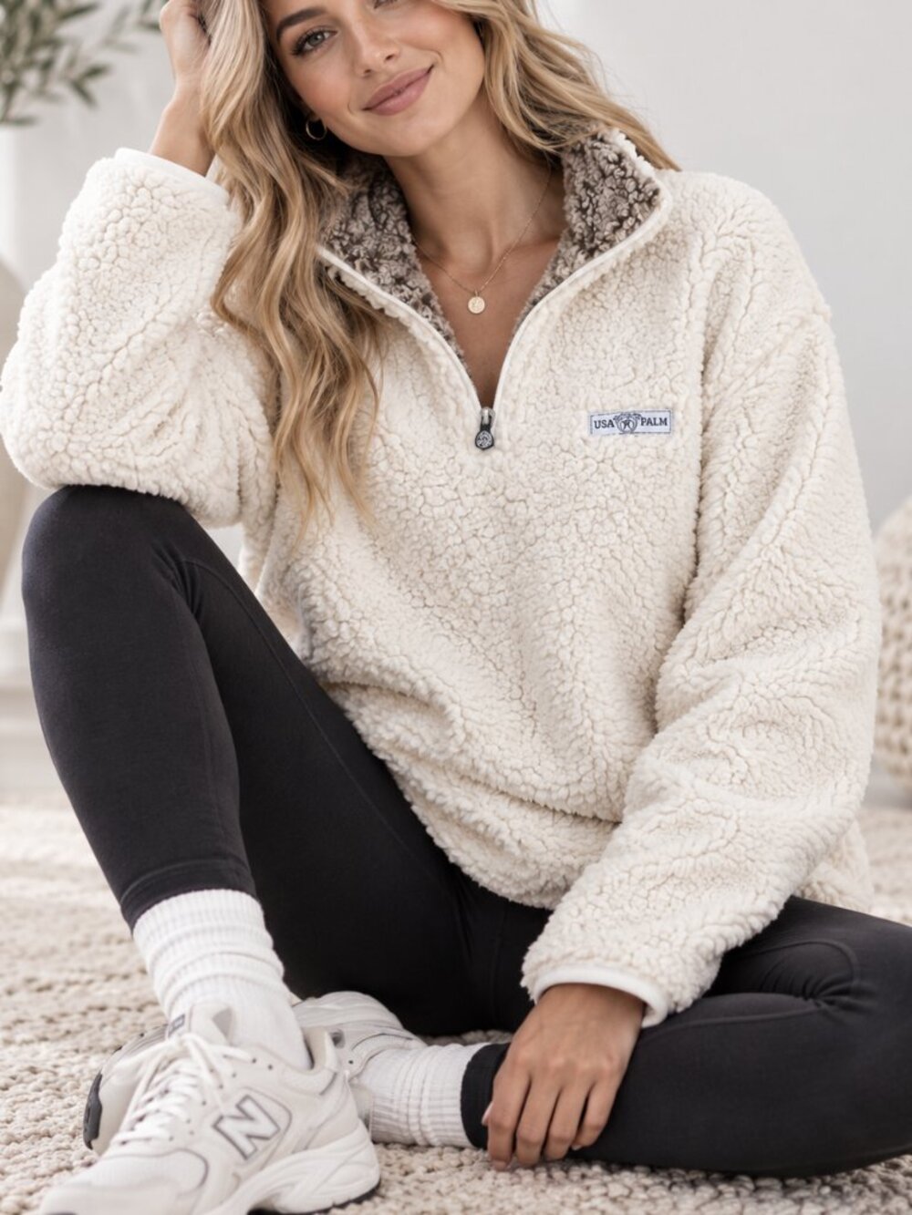 USA Palm Reversible Sherpa Quarter Zip Pullover Cream Brown  XXS Oversized $149